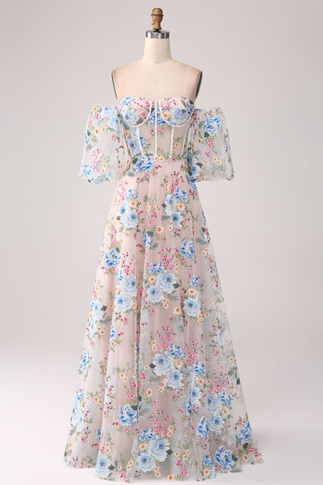 A-Line Albicocca fiore Off the Shoulder lungo corsetto Prom Dress